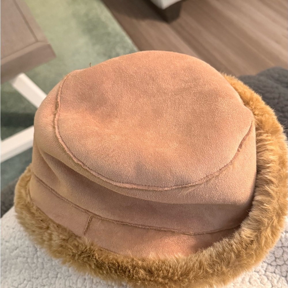 Tan Suede Bucket Hat with Faux Fur Trim